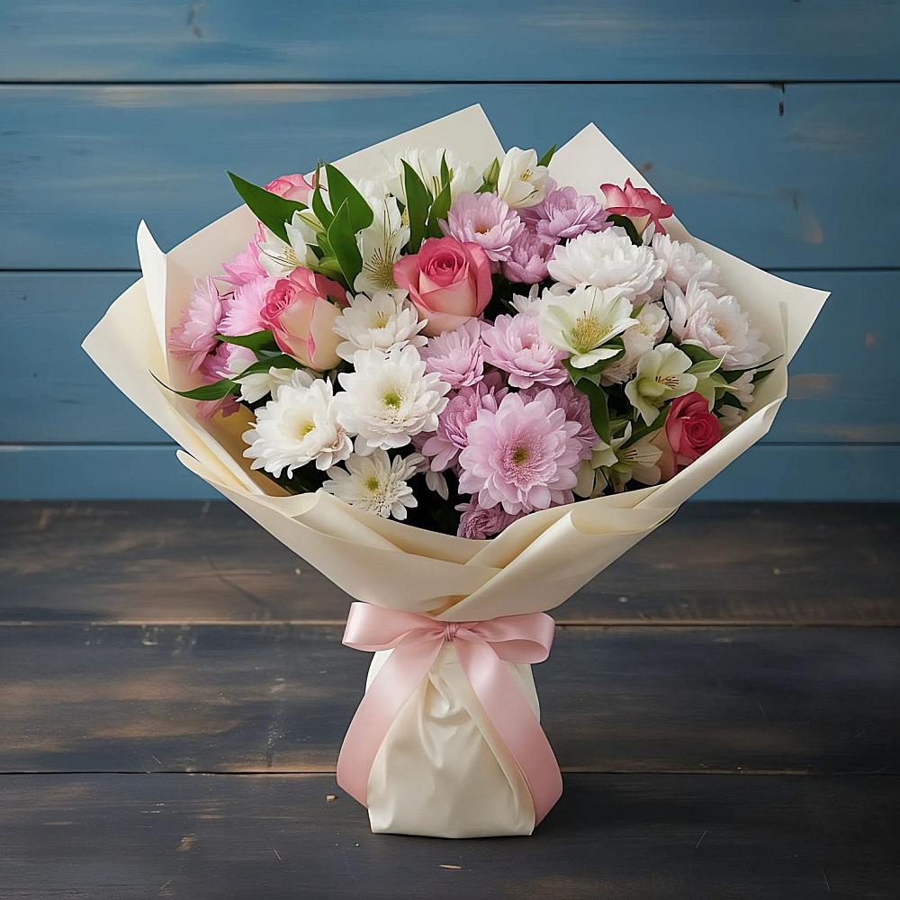 Букет цветов из: Хризантемы, Альстромерии и Розы во Фрязево